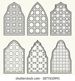 6 windows with geometric ornament, set in Arabic style. Traditional Arabic or islamic ornamental windows in black and white. Isolated design elements for invitation, greeting card, coloring page
