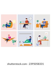 6 Workers In Flat Art Work From Home Illustration