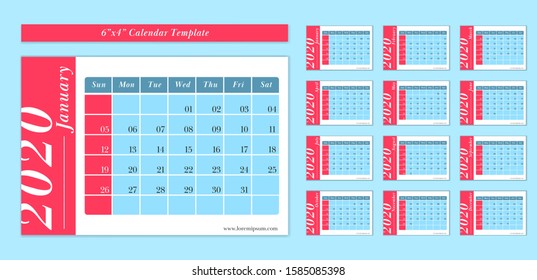 6 x 4 inch horizontal 2020 calendar new year vector template pastel cute fun blue and red color style