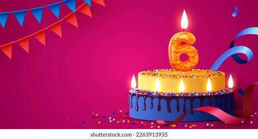 6 year anniversary. Cake with burning candles and confetti. Birthday banner. Vector illustration