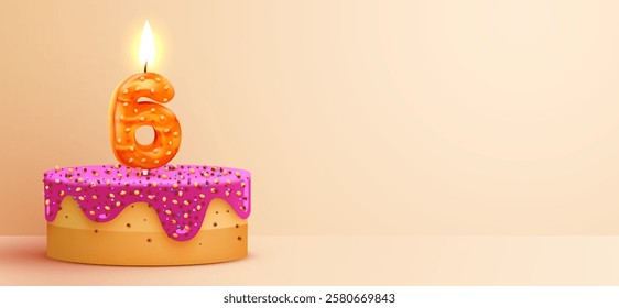 6 year anniversary. Cake with burning candles and confetti. Birthday banner. Vector illustration