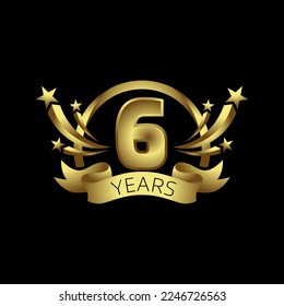 6 year anniversary celebration. Anniversary logo with golden bow and stars isolated on black background, vector design for celebration and campaigns emblem