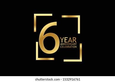 6 year anniversary celebration logotype. anniversary logo with golden and light white color isolated on black background,  -Vector