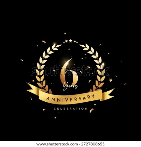 6 year Anniversary celebration, Six year Anniversary celebration On black background for celebration event, festive illustration, Golden number 6 sparkling confetti.