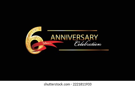 Celebración del 6 Aniversario Diseño vectorial. Celebración del 6° aniversario. Banner de lujo de oro de la celebración del 6to Aniversario con cinta roja y brillo. Celebración del fondo. Aniversario del vector