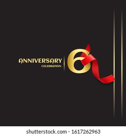 6 year anniversary logo template on black background. golden numbers with red ribbon vector