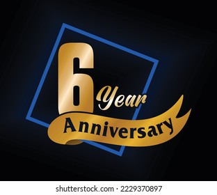6 Year Anniversary ordinal number Counting vector art illustration in stunning font on gold color on black background