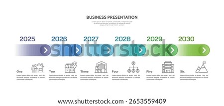 6 Year Business Development Timeline Infographic with Company Milestones. Anniversary, Business presentation and Plan. Vector illustration.