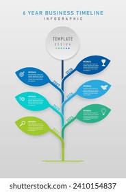 6 Year Business Timeline Template Multi Colored Leaf Vertical Infographic It has white letters and an icon in the middle. On the lines there are numbers for the year, the circle above has letters.