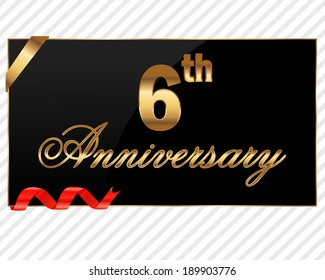 6 year decorative anniversary golden label with ribbon, 6th anniversary - vector illustration