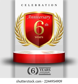 6 year gold anniversary celebration logo with 3d red cylinder podium , isolated on grey background