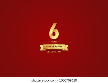 6 year golden anniversary vector illustration with gold ribbon isolated on red background