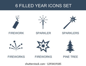 6 year icons. Trendy year icons white background. Included filled icons such as firework, sparkler, sparklers, fireworks, pine tree. year icon for web and mobile.