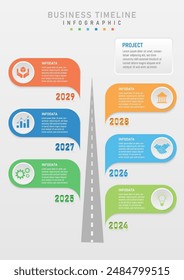 6 años de línea de tiempo infografía camino gris en el medio Cuadrados multicolores en los lados izquierdo y derecho En el medio hay una letra El Botón circular en la parte superior tiene iconos multicolores.