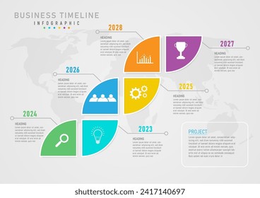 6-jährige Zeitstrahl-Infografik-Vorlage. Vielfarbige geometrische Formen mit weißen Symbolen in der Mitte von Linien und Kreisen. Auf der linken und rechten Seite sind die Jahreszahlen und der Text unten mit einer Karte.