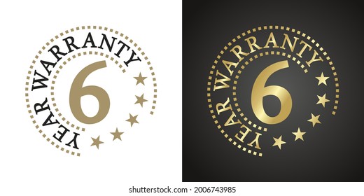6 Year Warranty five stars white gold black logo icon label button stamp vector
