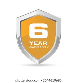 6 year warranty silver metal shield in orange color vector illustration. Six year warranty logo.