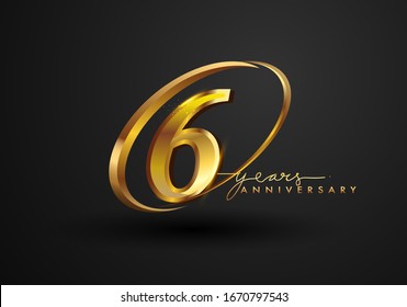 6 Years Anniversary Celebration. Anniversary logo with ring and elegance golden color isolated on black background, vector design for celebration, invitation card, and greeting card