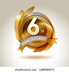 6 years anniversary celebration. Anniversary logo with ring and elegance golden color, for celebration, invitation card, and greeting card
