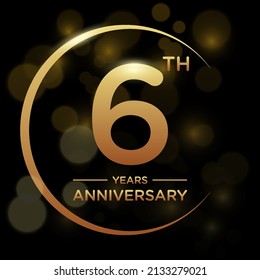 6 years anniversary celebration. Anniversary logo with ring and elegance golden color isolated on black background, vector design for celebration, invitation card, greeting card, and banner