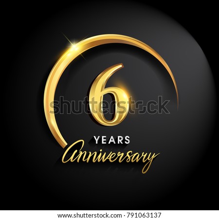 6 years anniversary celebration. Anniversary logo with ring and elegance golden color isolated on black background, vector design for celebration, invitation card, and greeting card
