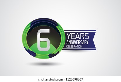 6 years anniversary celebration logotype design abstract green and blue circle with ribbon isolated on white background for celebration event