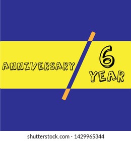 6 years anniversary celebration logotype with black color isolated on blue and yellow background