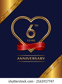 6 years anniversary celebration logotype with gold color and ribbon for booklet, leaflet, magazine, brochure poster, banner, web, invitation or greeting card. Vector illustrations.