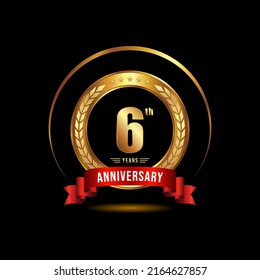 6 years anniversary celebration logotype with golden laurel and wreath, for booklet, leaflet, magazine, brochure poster, banner, web, invitation or greeting card. Vector illustrations.