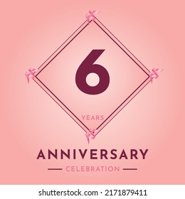 6 years anniversary celebration with purple frame isolated on soft pink background. Creative design for happy birthday, wedding, ceremony, event party, marriage, invitation card and greeting card.