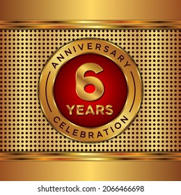 6 years anniversary, anniversary celebration vector design with gold color on golden texture background, simple and luxury design. logo vector template
