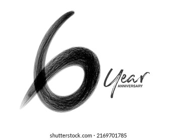 6 Years Anniversary Celebration Vector Template, 6 Years  logo design, 6th birthday, Black Lettering Numbers brush drawing hand drawn sketch, number logo design vector illustration
