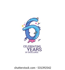 6 Years Anniversary Design, Blue Splash Colored Logo Celebration Isolated on White Background