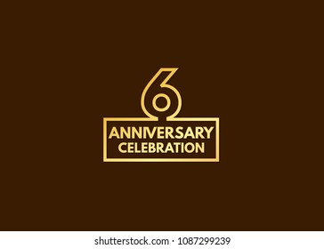6 years anniversary design, with number formed from line connected with gold square  for celebration event isolated on brown background