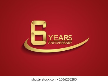6 years anniversary design with swoosh golden color isolated on red background for celebration