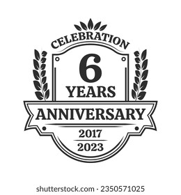 6 years anniversary icon or logo. Vintage birthday banner design. 6th anniversary jubilee celebration badge or label. Vector illustration.