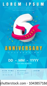 6 years anniversary invitation card or emblem - celebration template design , 6th anniversary modern design elements with  background polygon and pink ribbon - vector illustration.