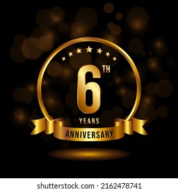6 years anniversary logo with golden ring and ribbon for booklet, leaflet, magazine, brochure poster, banner, web, invitation or greeting card. Vector illustrations.