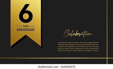 6 years anniversary logo with golden ribbon for booklet, leaflet, magazine, brochure poster, banner, web, invitation or greeting card. Vector illustrations.