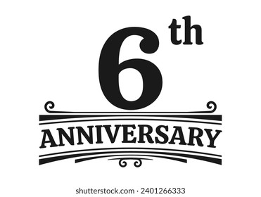 6 years anniversary logo, icon or badge. 6th birthday, jubilee celebration, wedding, invitation card design element. Vector illustration.