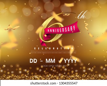 6 years anniversary logo template on gold background. 6th celebrating golden numbers with red ribbon vector and confetti isolated design elements