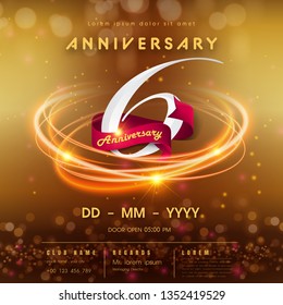 6 years anniversary logo template on golden Abstract futuristic space background. 6th modern technology design celebrating numbers with Hi-tech network digital technology concept design elements.