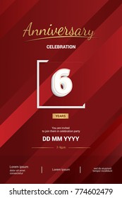  6 Years Anniversary Logotype with 3d white number isolated on red abstract background