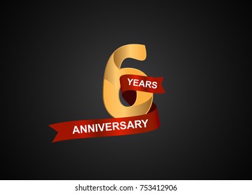 6 years anniversary logotype with elegance gold color and warp red ribbon