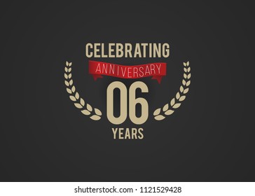 6 Years Anniversary logotype with golden colored font numbers, with ribbon and laurel, isolated on black background for company celebration event, birthday