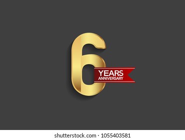 6 years anniversary simple design with golden color and red ribbon isolated on black background for celebration event