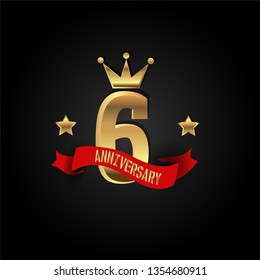 6 years Anniversary simple design with golden font, star and crown and red ribbon. Red ribbon and golden text on top golden number. My all design can see in my portofolio