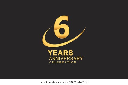 6 years anniversary with swoosh design golden color isolated on black background for celebration