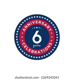 6 years anniversary. Anniversary template design, red and blue color with stars, design for event, invitation card, greeting card, banner, poster, flyer, book cover and print. Vector Eps10