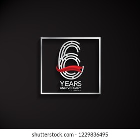 6 years anniversary template with square silver color and red ribbon